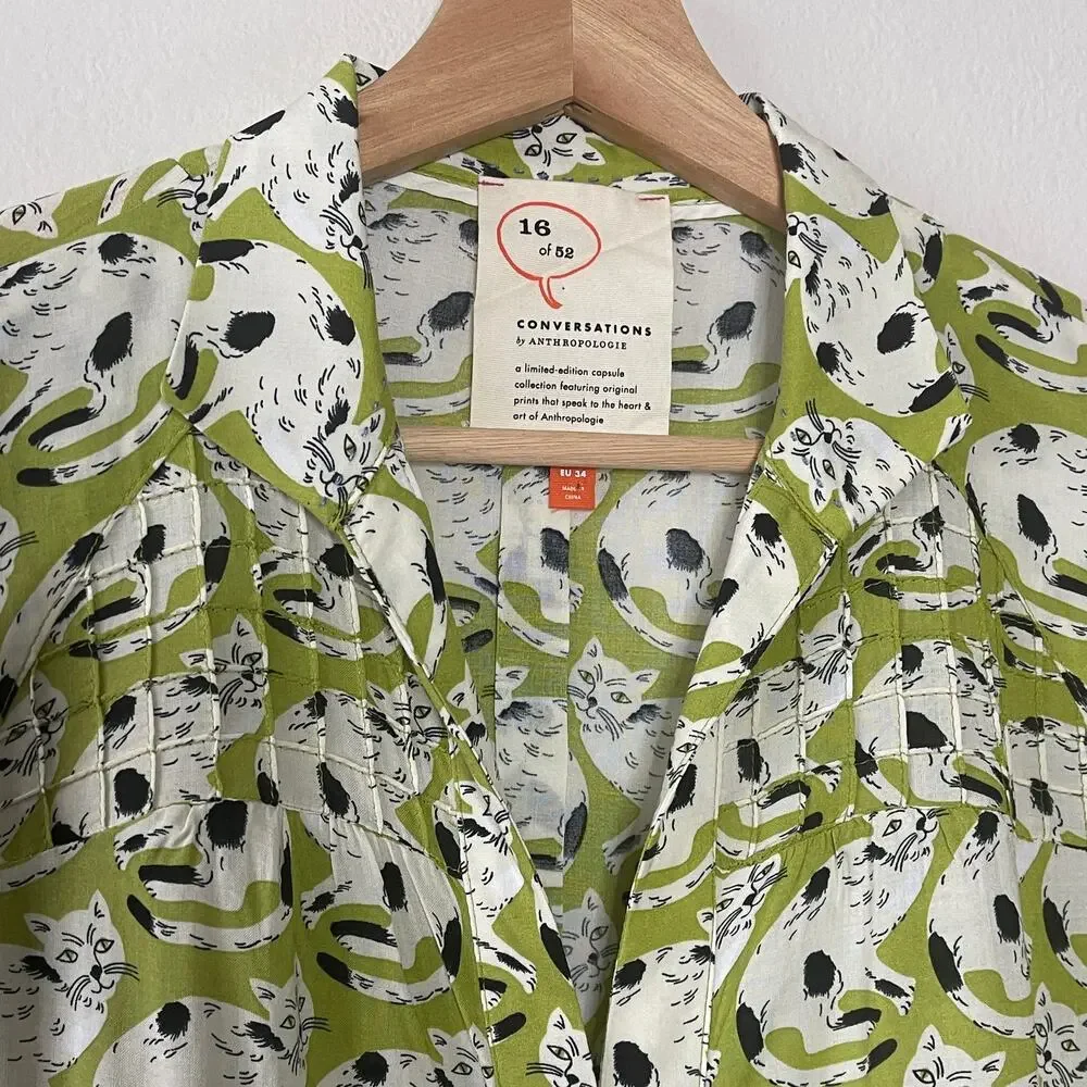 52 Conversations by Anthropologie Colloquial Cat Print Shirt Size 2 - Picture 3 of 9